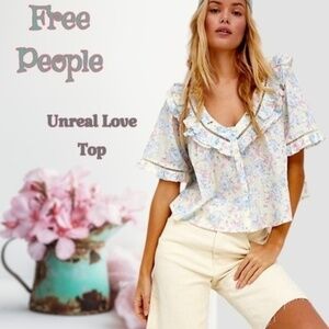 FREE PEOPLE Unreal Love Ruffle Neck Floral Print Short Sleeve Embroidered Top
